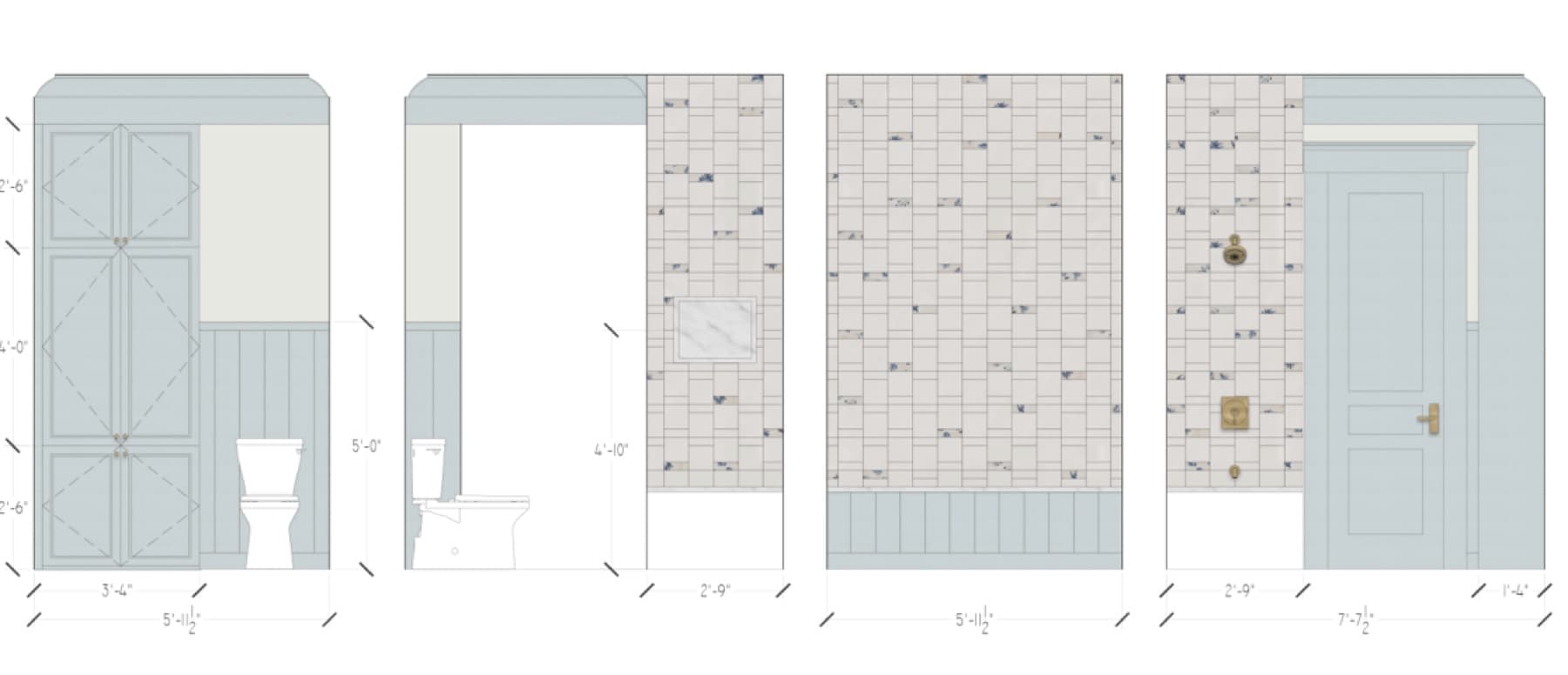 Scaled bathroom elevation drawings with dimensions and tile layouts.