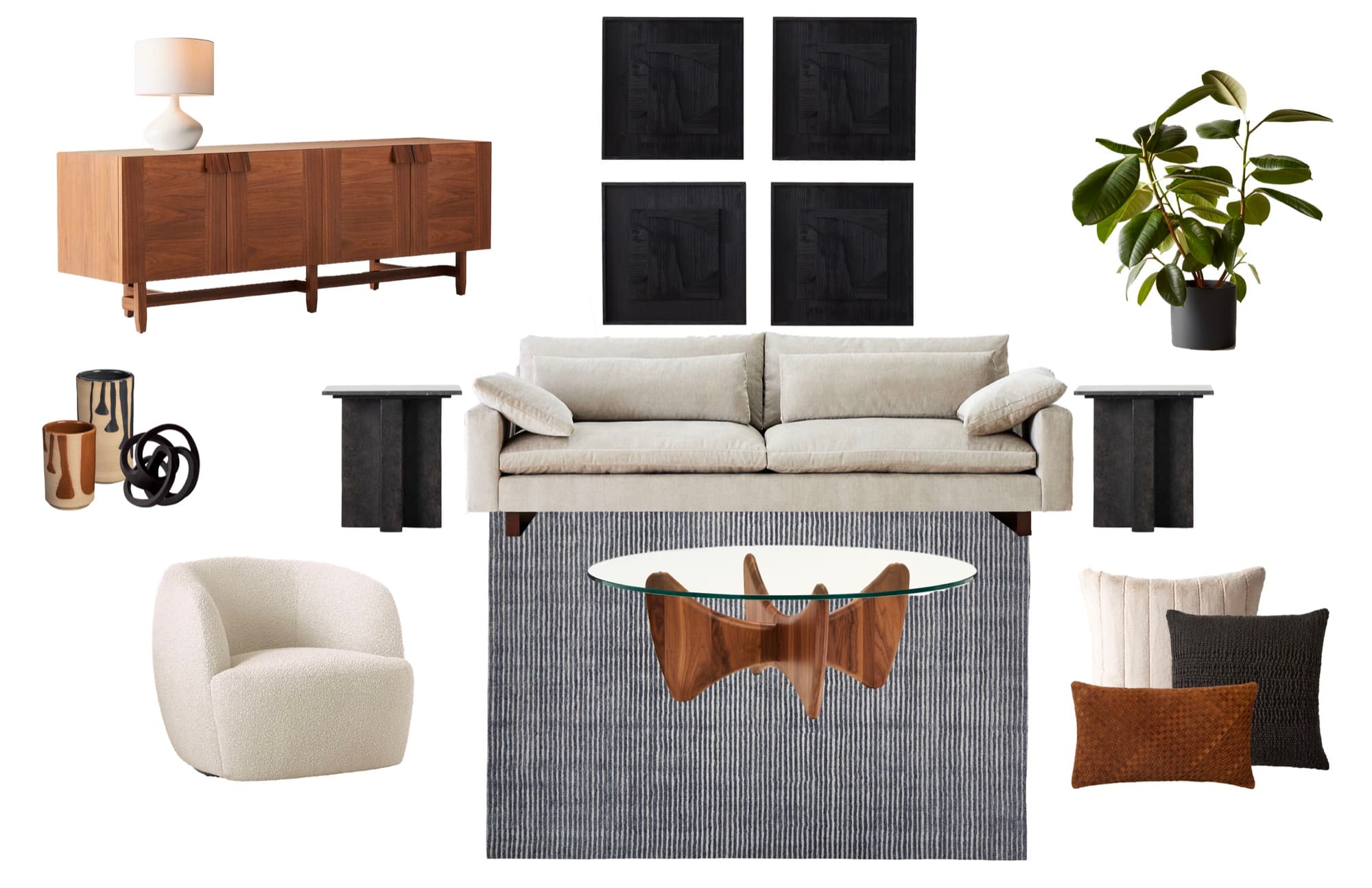 Living room virtual design board with curated furniture selections.