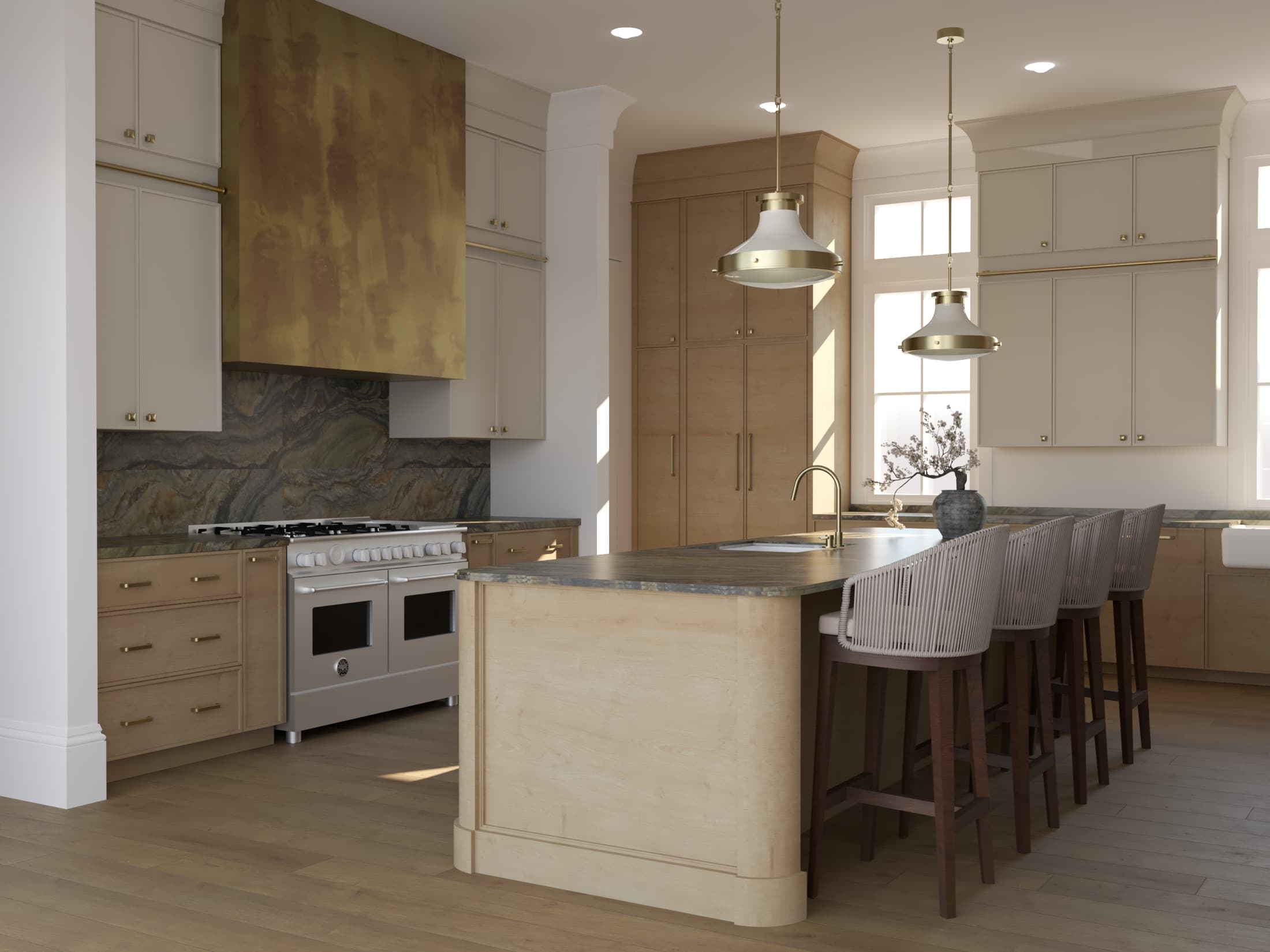 Photoreal 3D rendering of a warm kitchen with a brass hood and maple cabinetry.