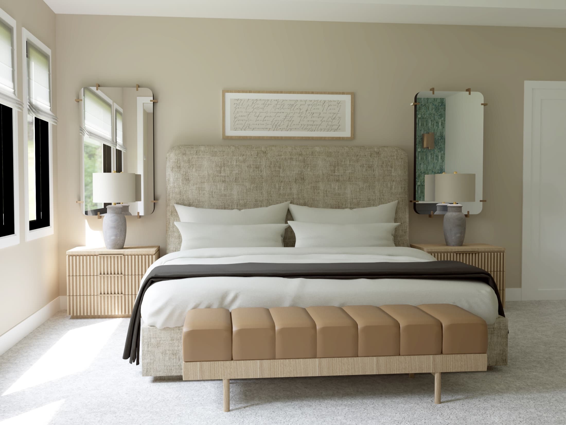 3D rendering of a neutral primary bedroom.